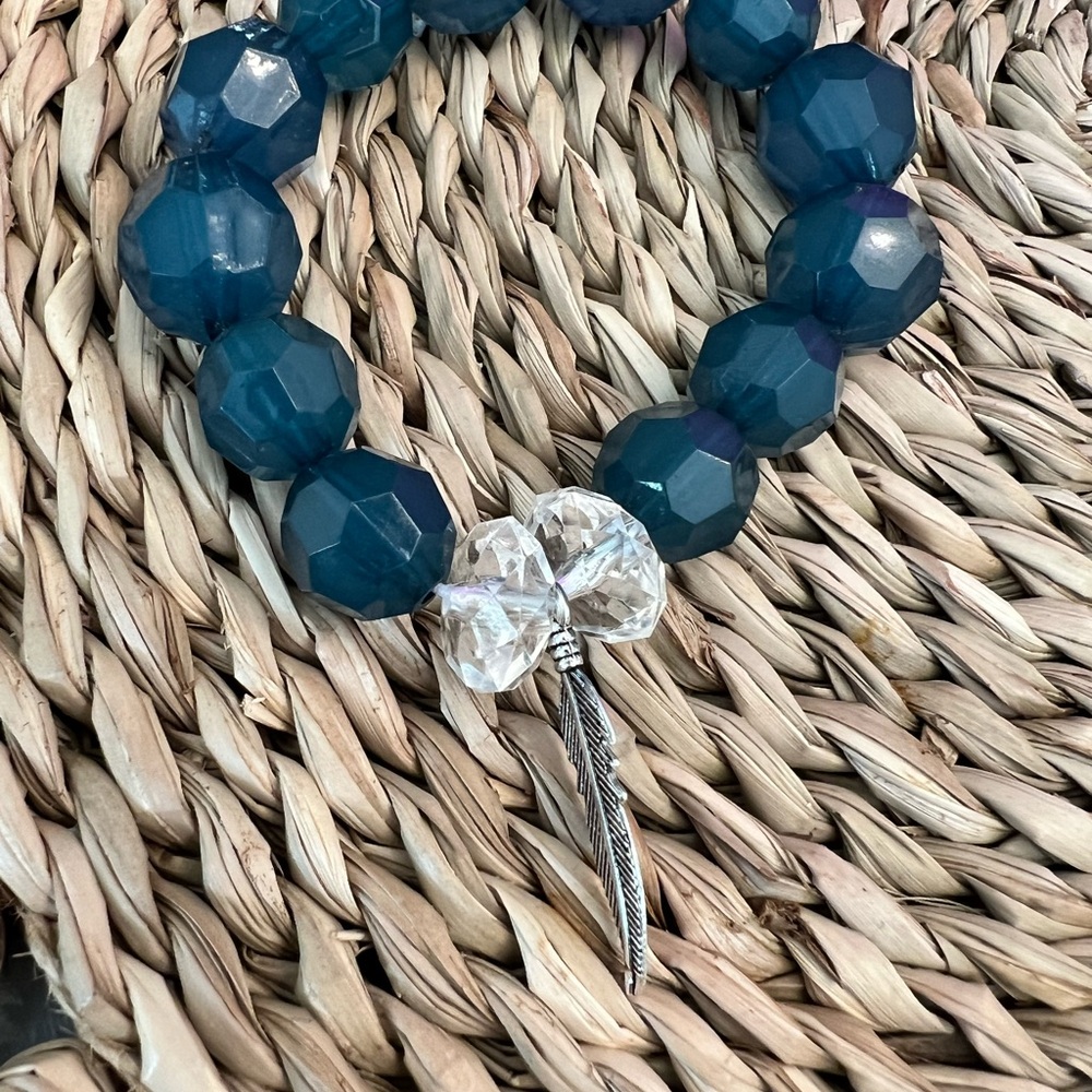 Teal Beaded Bracelet with Silver Feather Charm